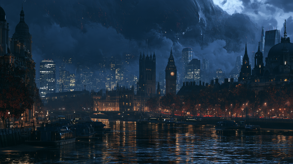 Panorama urbano de Londres sob o Véu com a névoa e torres de Canary Wharf